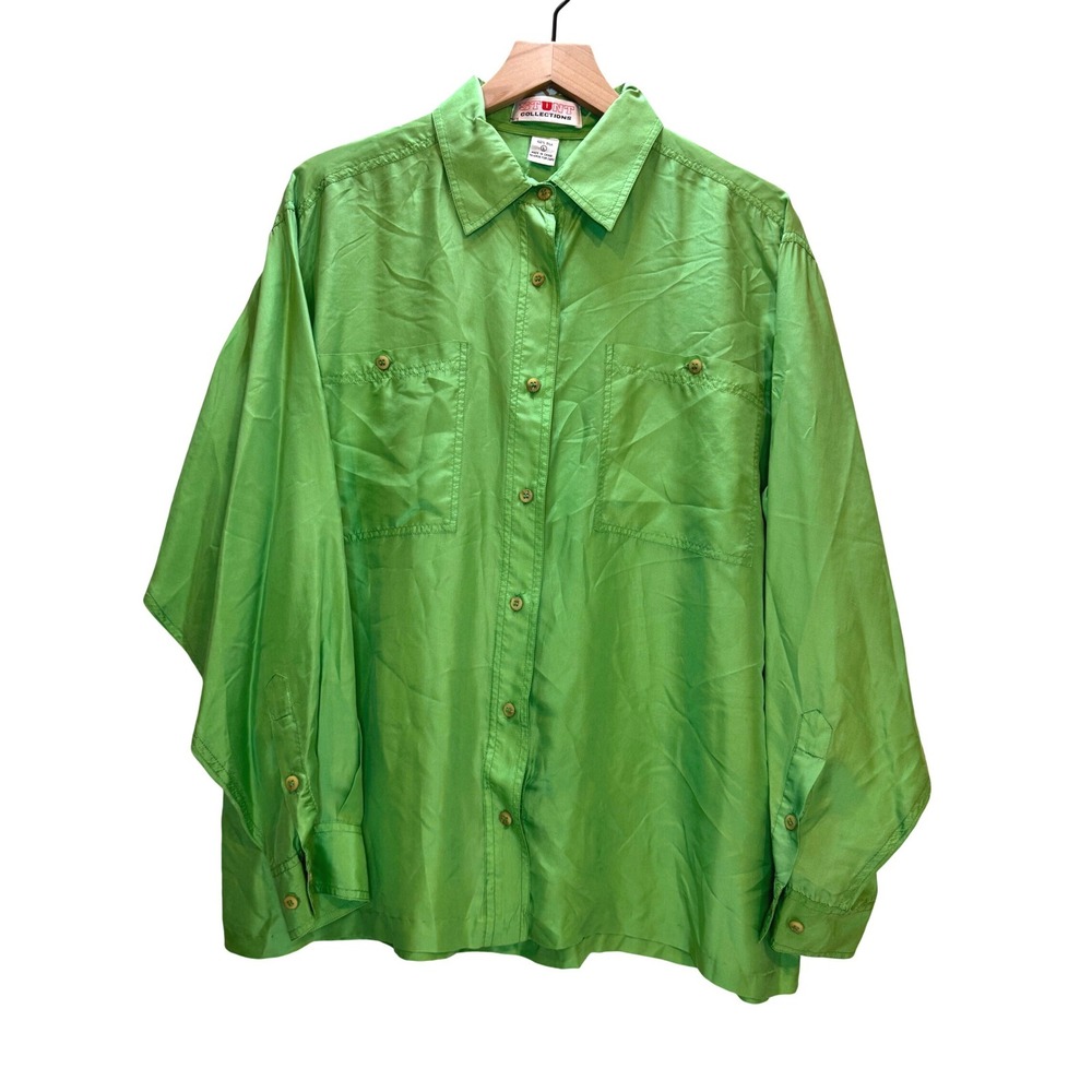 Vintage 100% Silk Button Up Women L Kelly Green Pocket Lightweight Resort Luxury